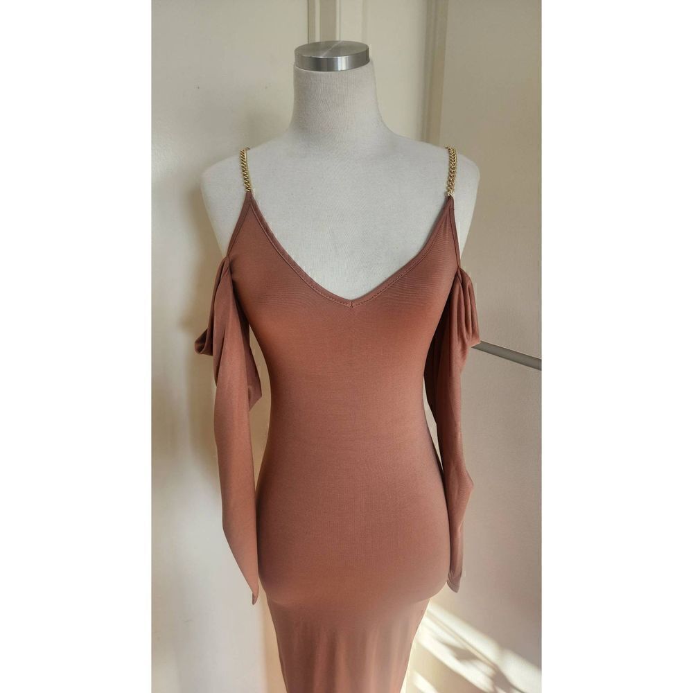 Shein Cocoa Bodycon  Knit Dress.  Spaghetti straps with Gold Chain accent and at